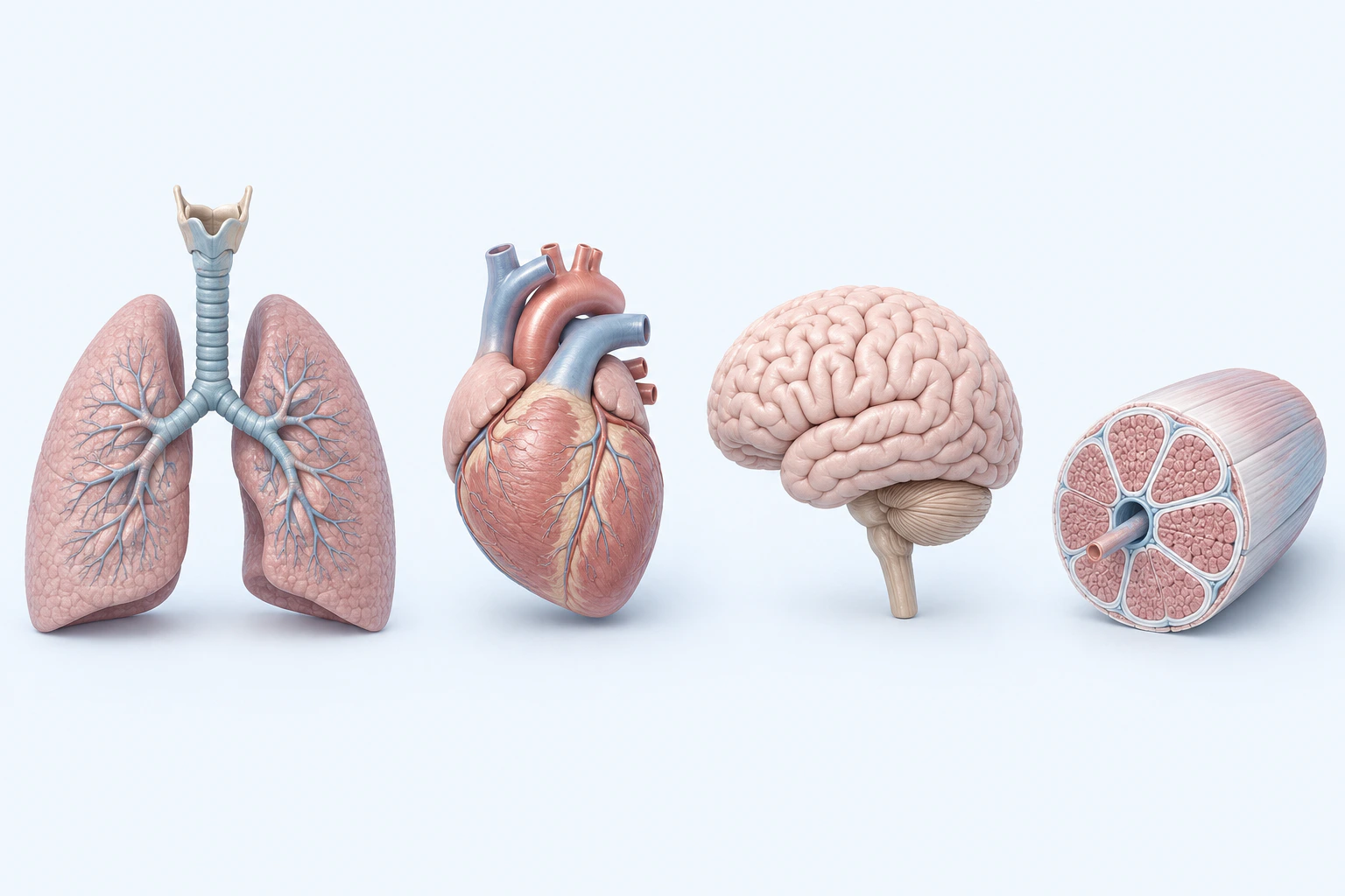 Four separate undamaged teaching models show paired lungs, a heart, an intact brain, and a skeletal-muscle fascicle.