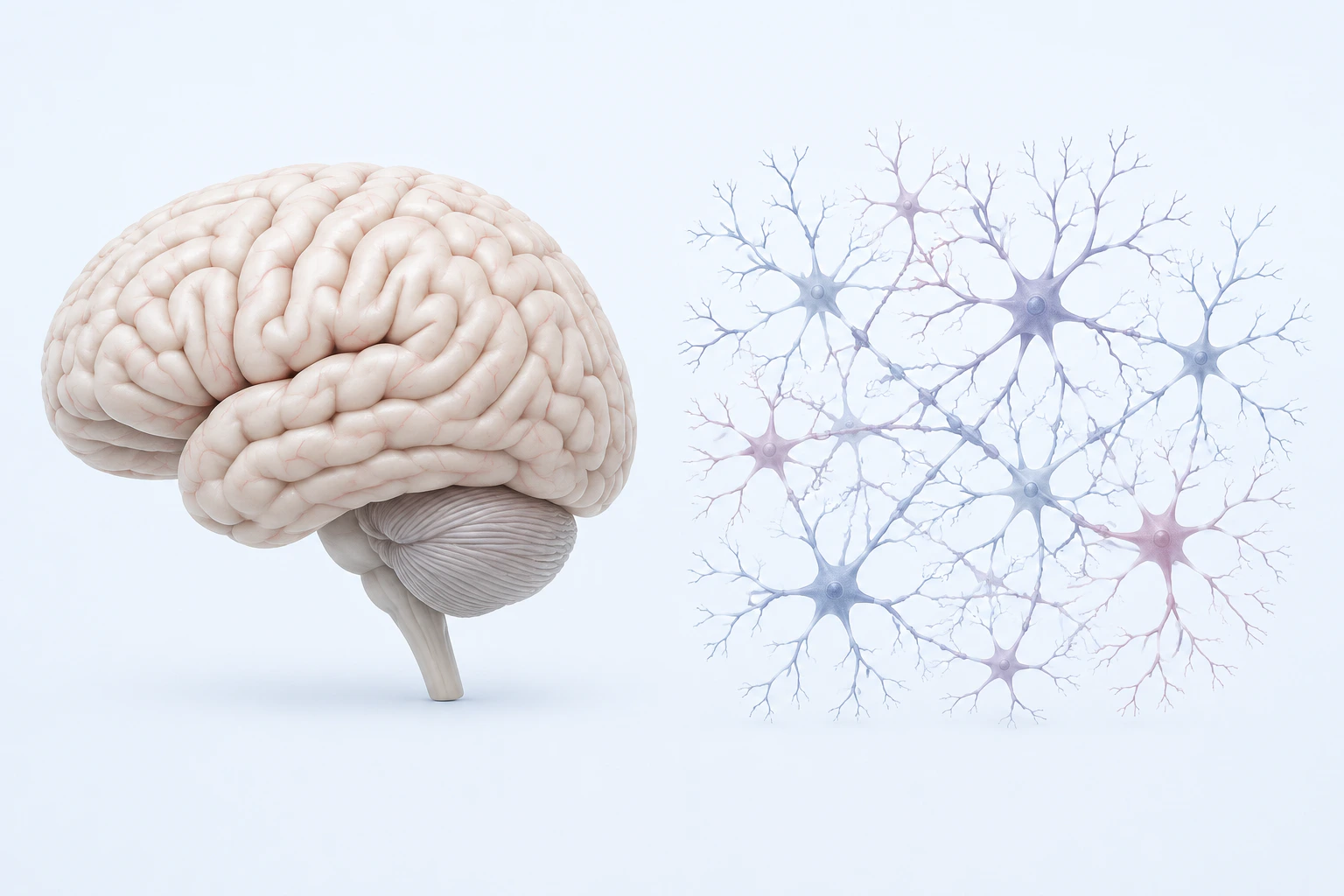 An intact lateral brain appears beside a connected network with nine prominent blue or pale-rose neuron bodies.