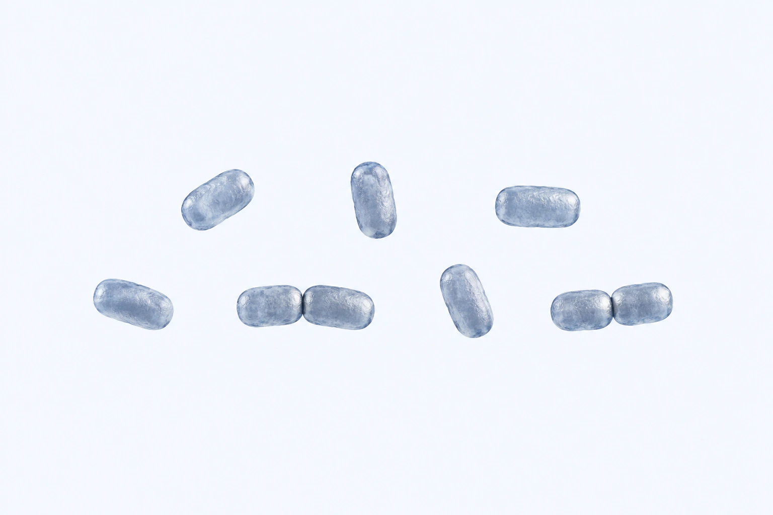 Nine Mediterraneibacter compact coccobacillary-to-short-rod bodies appear in seven groupings: five singles and two pairs.