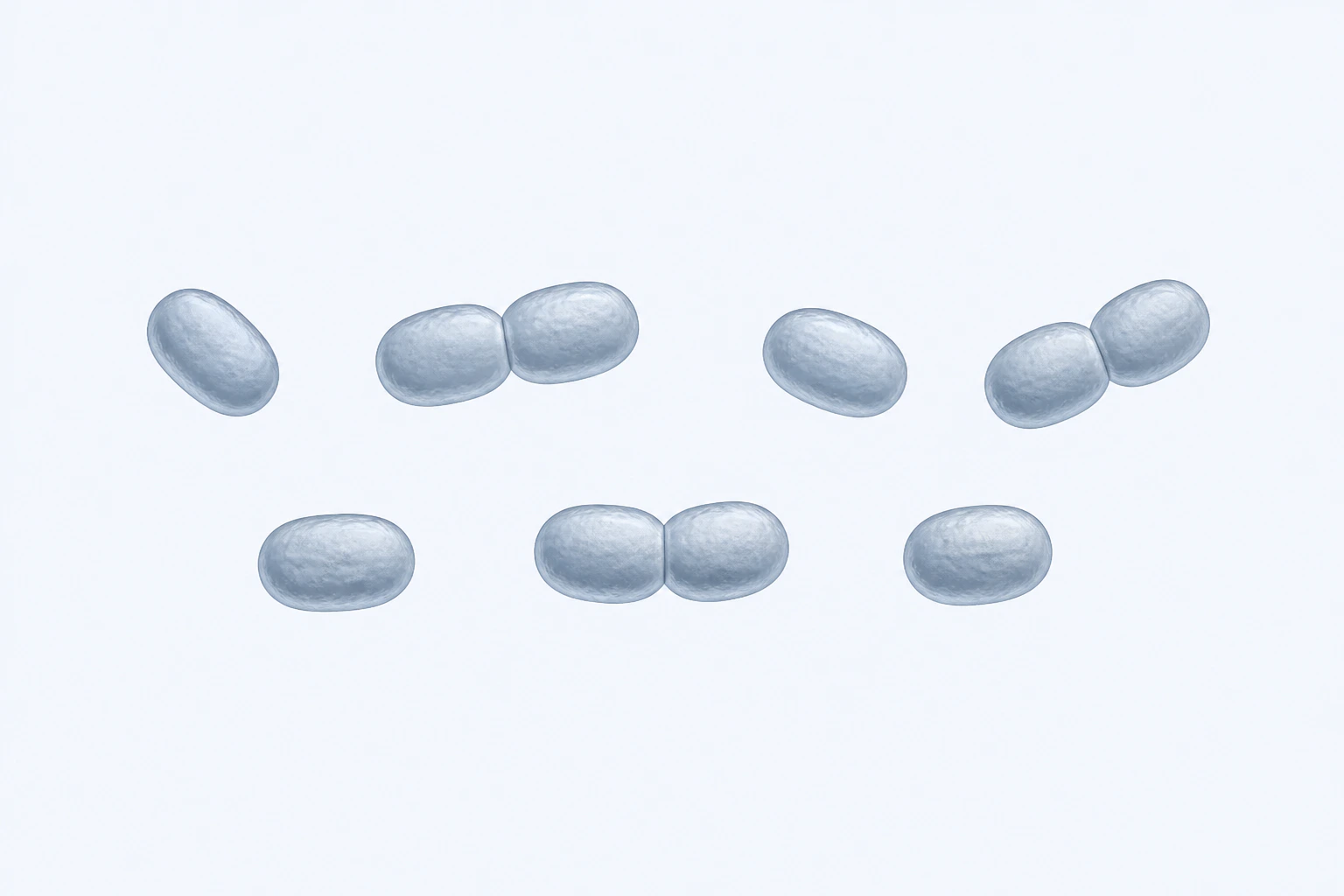 Ten Methanobrevibacter short ovoid archaeal bodies appear in seven groupings: four singles and three touching pairs.