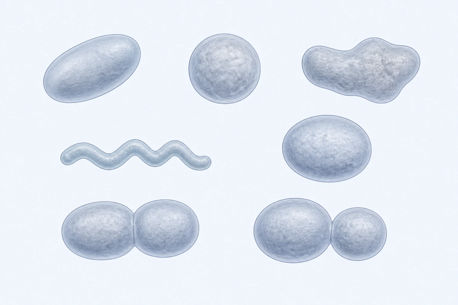 Nine selected Mollicutes descendant forms appear in seven groupings: five varied singles, including one short helical form, and two rounded pairs.