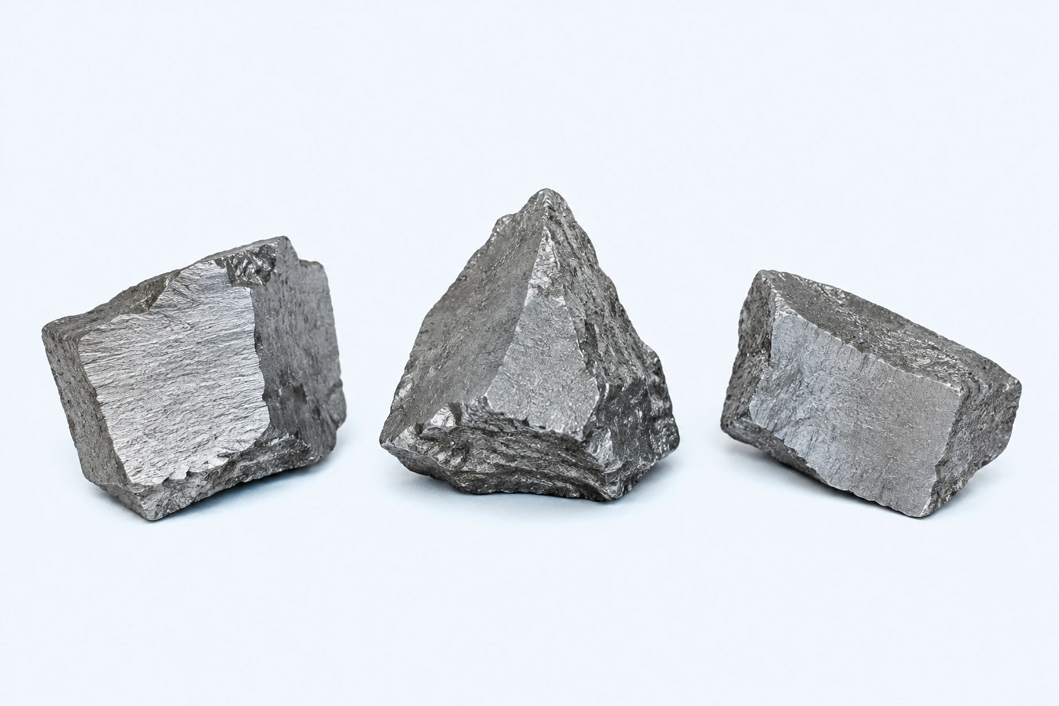 Three elemental molybdenum specimens with hard-looking silvery-gray surfaces and broad fracture faces.