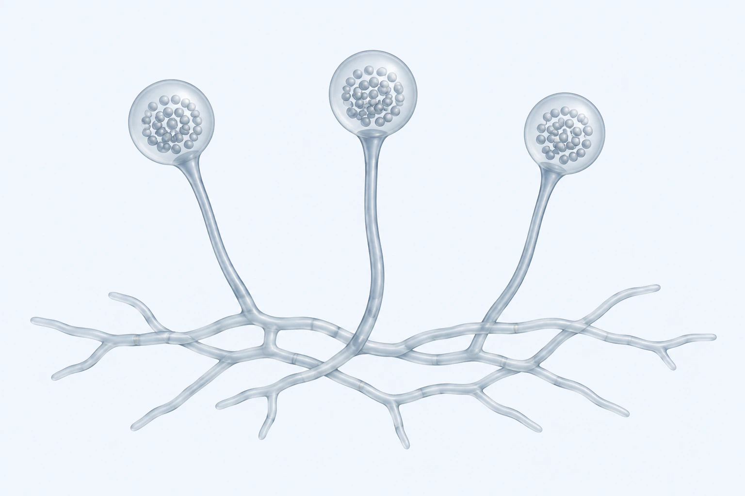 One connected Mortierella hyphal specimen bears three upright sporangiophores with three smooth globose sporangia containing internal rounded bodies.