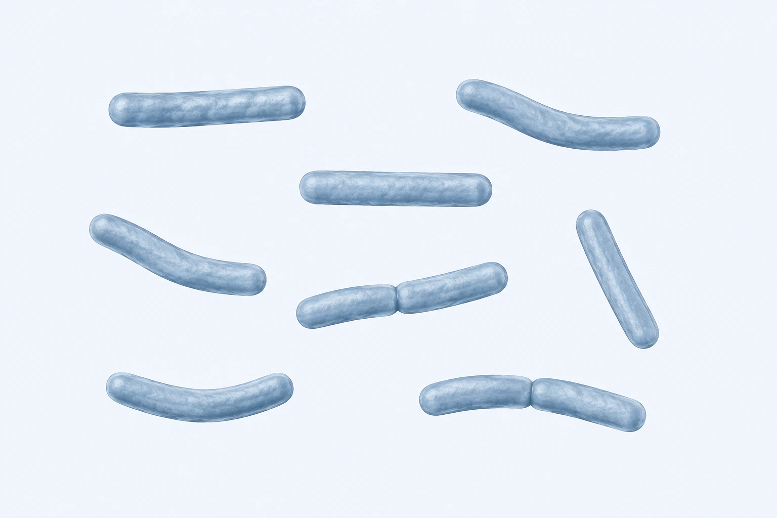 Nine slender Mycobacterium tuberculosis rods appear in seven groupings: five singles and two touching pairs.