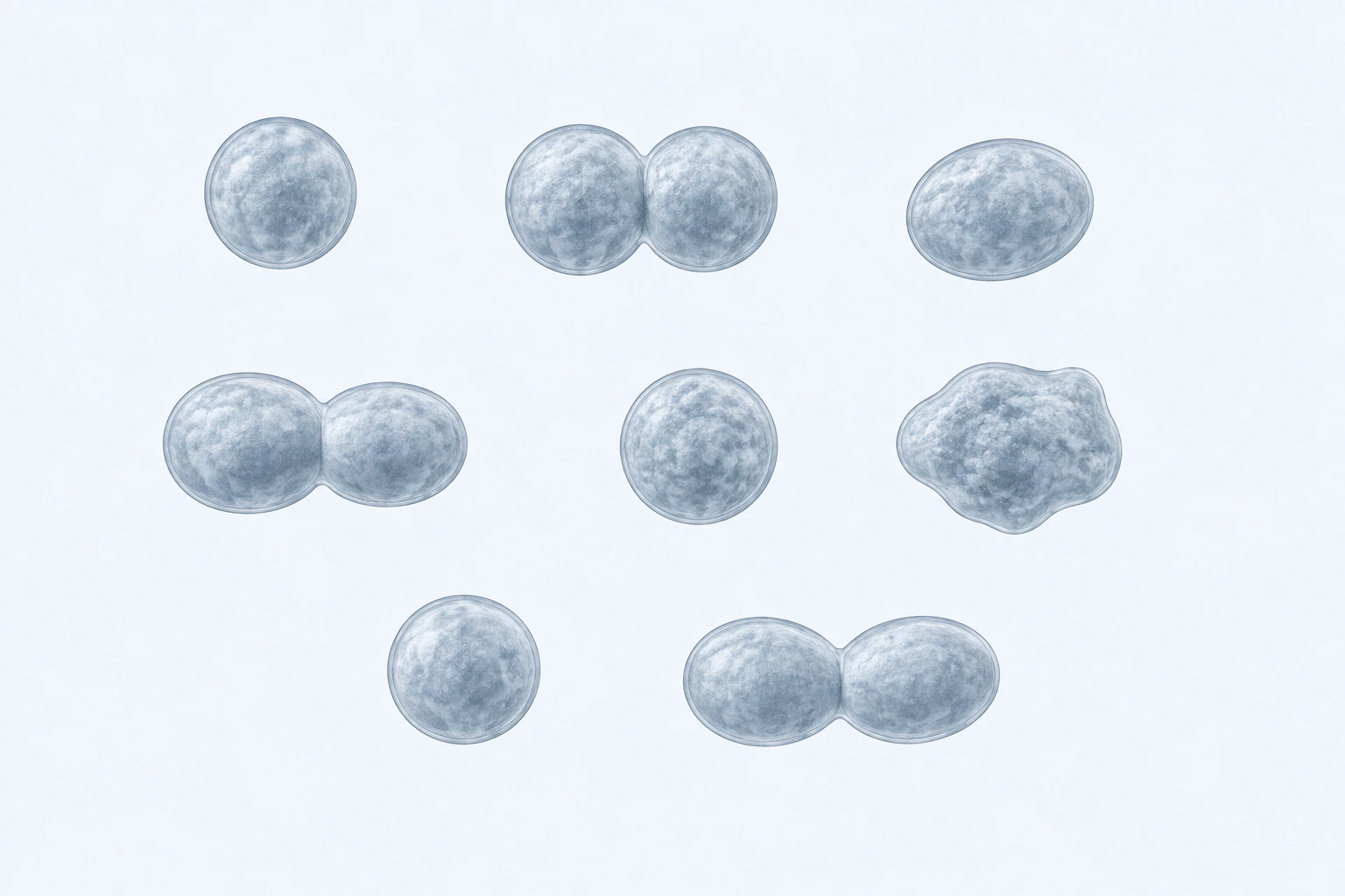 Eleven selected Mycoplasma rounded-to-ovoid bodies appear in eight groupings: five singles and three touching pairs.