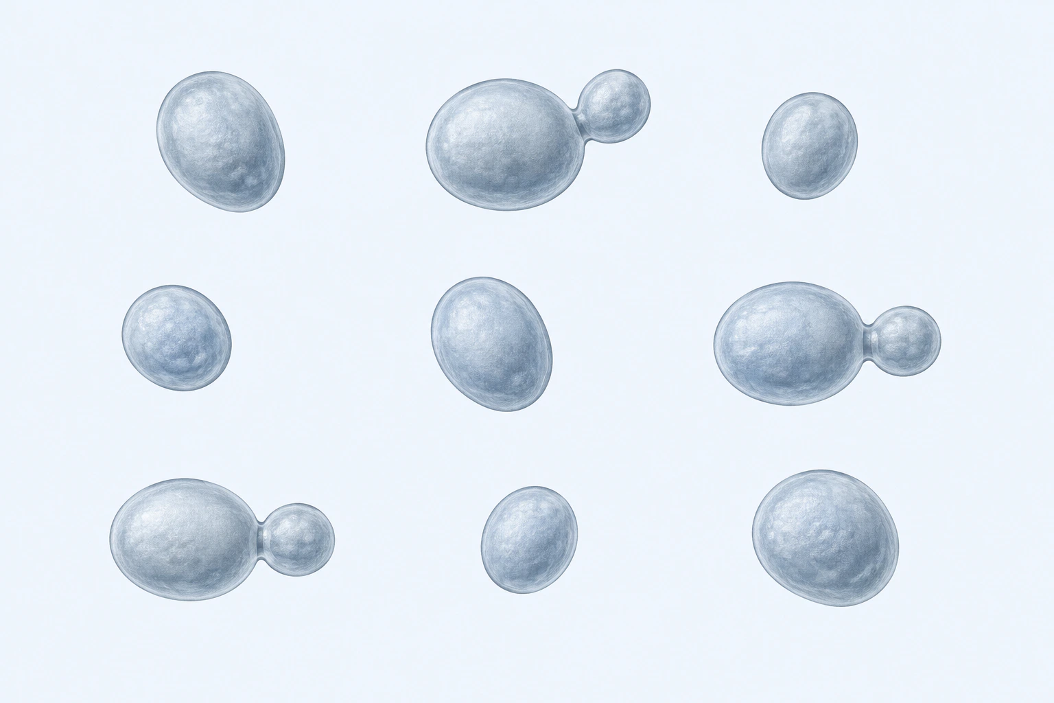 Twelve Nakaseomyces glabratus yeast bodies appear in nine groupings: six singles and three budding pairs.