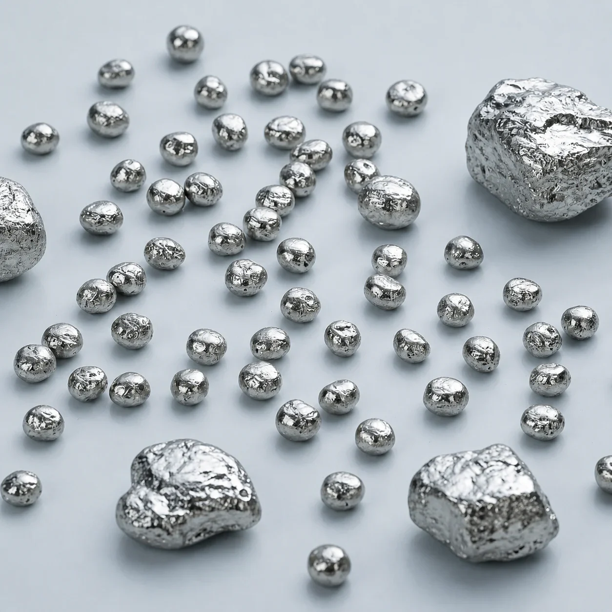 Silvery nickel pellets and irregular metallic nickel specimens on a pale cool blue-gray field.