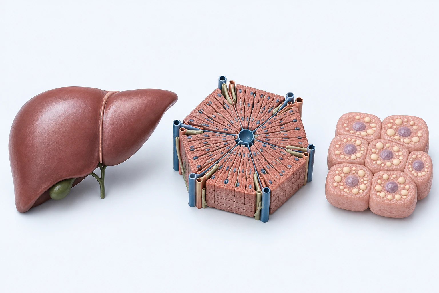 A smooth liver, radial hepatic-lobule model, and eight hepatocyte-like cells containing pale droplet forms appear as three separate groups.