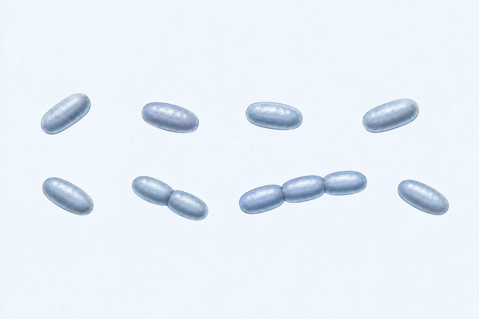 Eleven selected Olsenella elliptical rods appear in eight groupings: six singles, one pair, and one three-body chain.