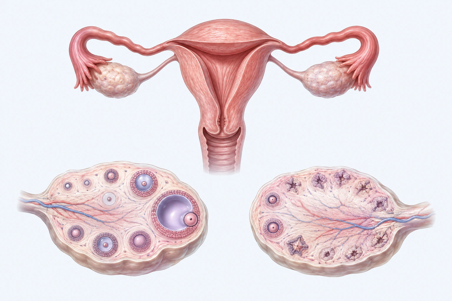 Reproductive anatomy and two ovarian cutaways show representative follicular structures for PCOS orientation.