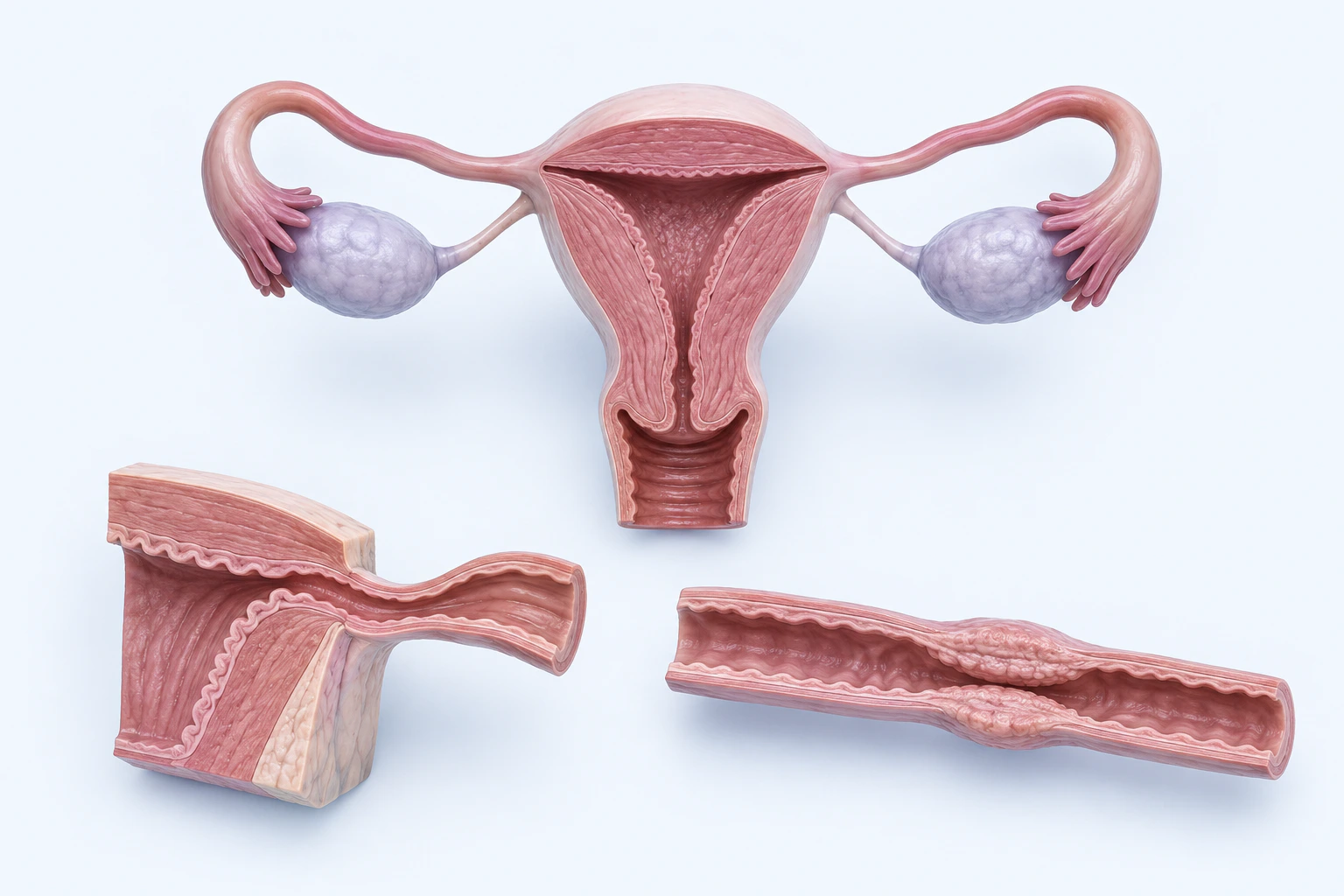 Upper reproductive anatomy and two cutaways appear separately, including one patent tube-like model with bounded opposing-wall thickening.