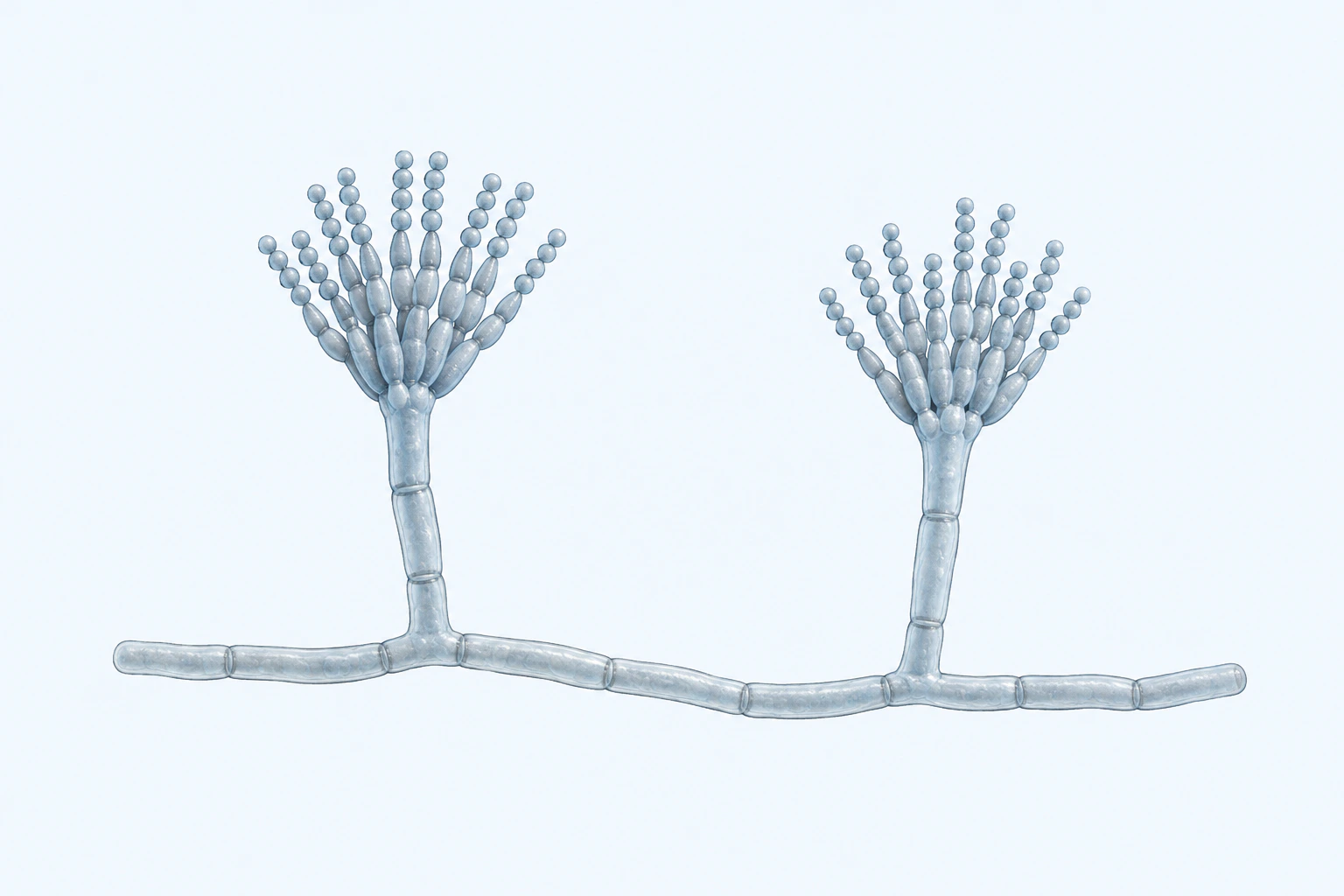 One connected Penicillium hyphal specimen supports two upright conidiophores, each ending in a compact brush of attached conidial chains.