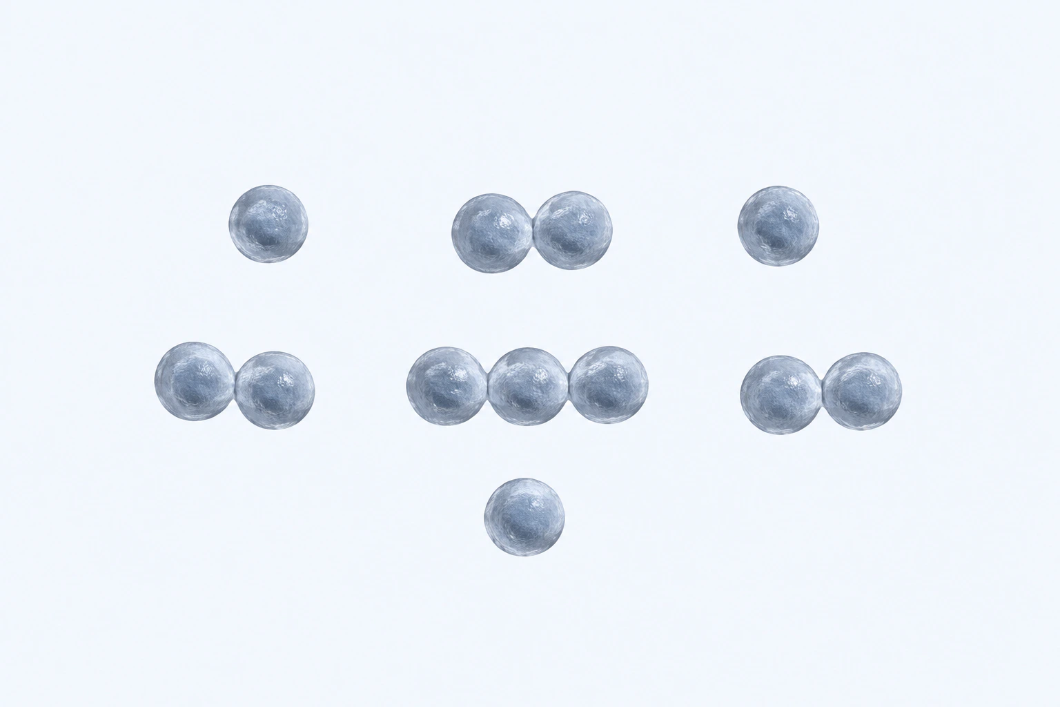 Twelve Peptostreptococcus stomatis coccoid bodies appear in seven groupings: three singles, three touching pairs, and one three-body chain.