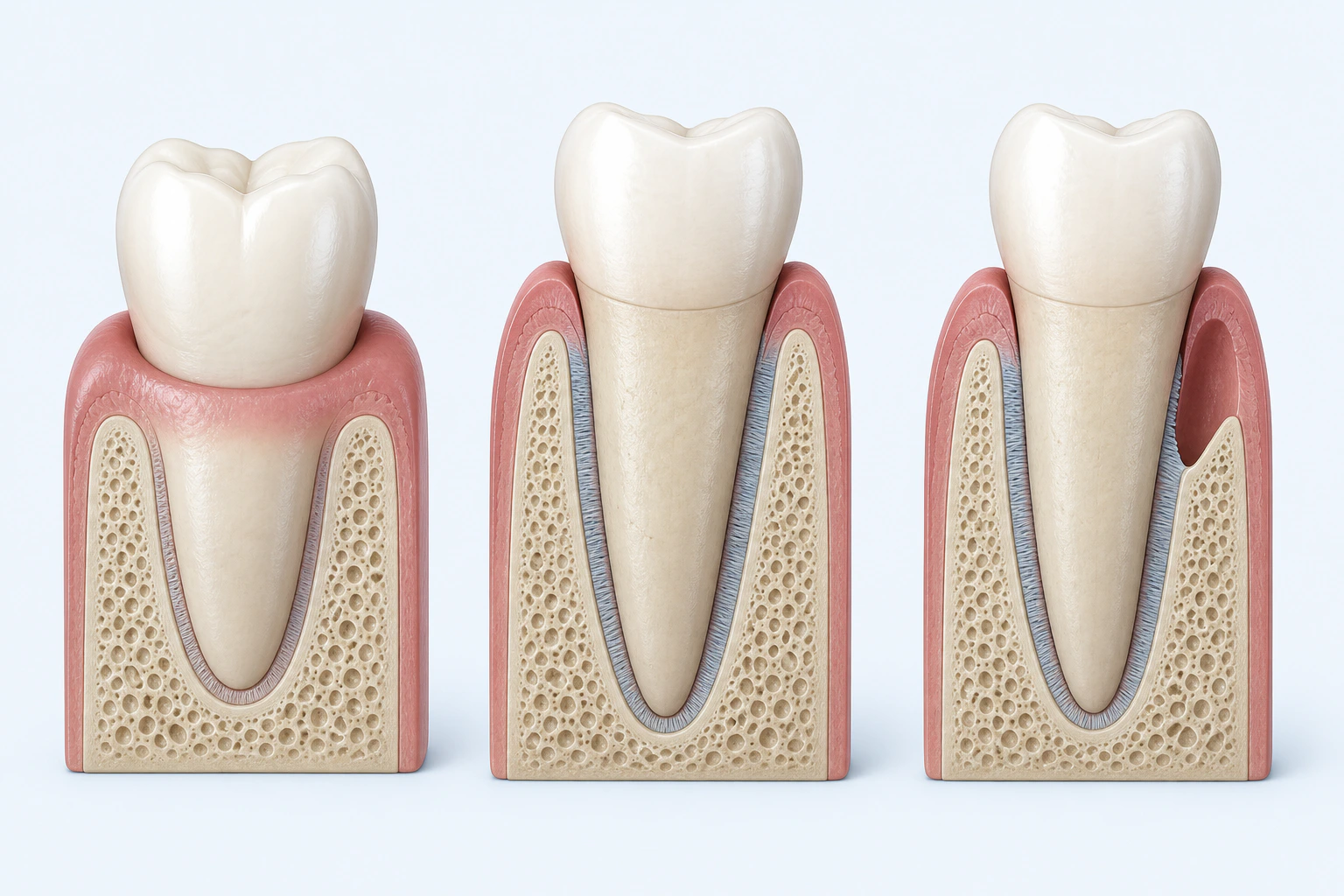 Three tooth-support models appear separately, including one with a bounded periodontal pocket-like separation and localized lower bone crest.