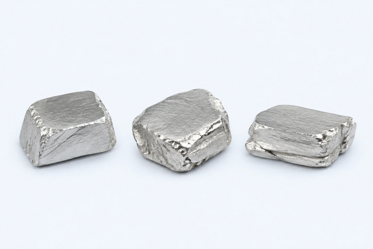 Three elemental platinum specimens with dense-looking silvery-white worked surfaces.