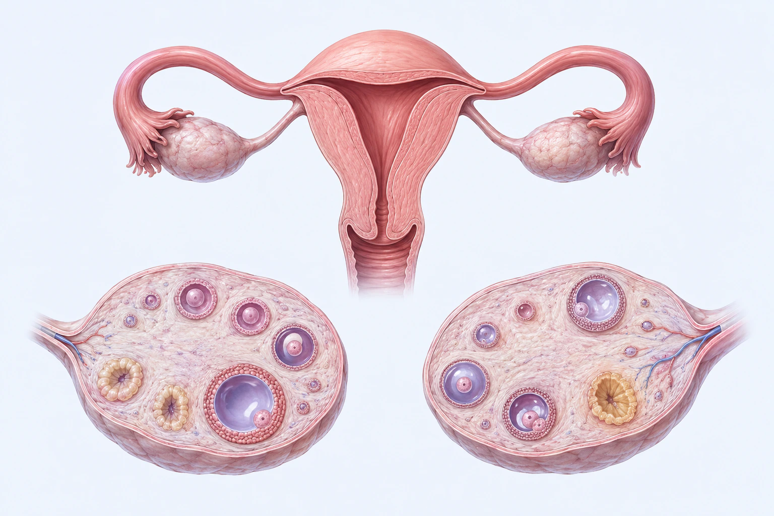 Reproductive anatomy and two intact follicle-bearing ovarian cutaways appear for primary ovarian insufficiency orientation.
