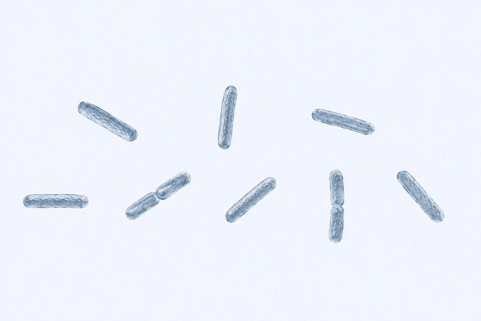 Ten moderately slender Prevotella copri rods appear in eight groups: six isolated singles and two touching pairs.