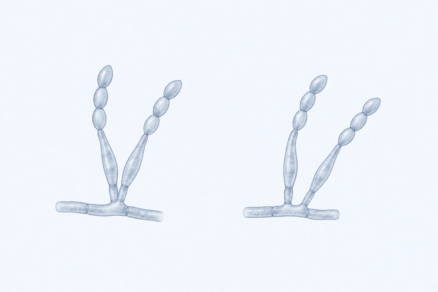 Two Purpureocillium structures show septate hyphal bases, four tapering phialides, and twelve ellipsoidal conidia in short chains.