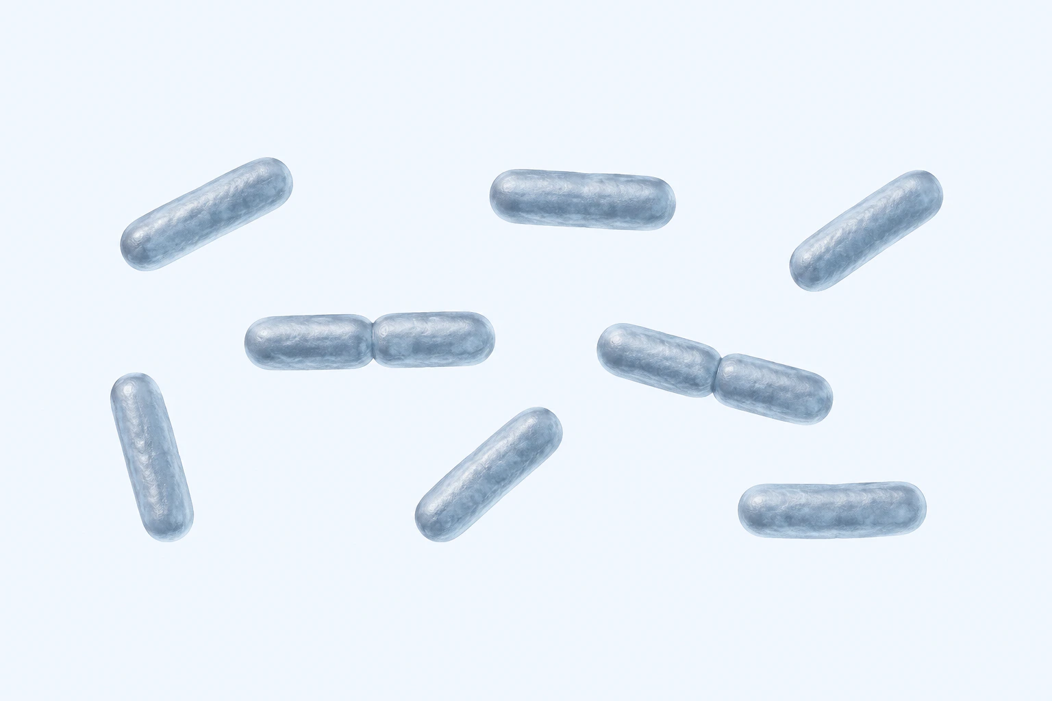 Ten rounded Ralstonia rods appear in eight groups: six singles and two touching pairs on a pale field.