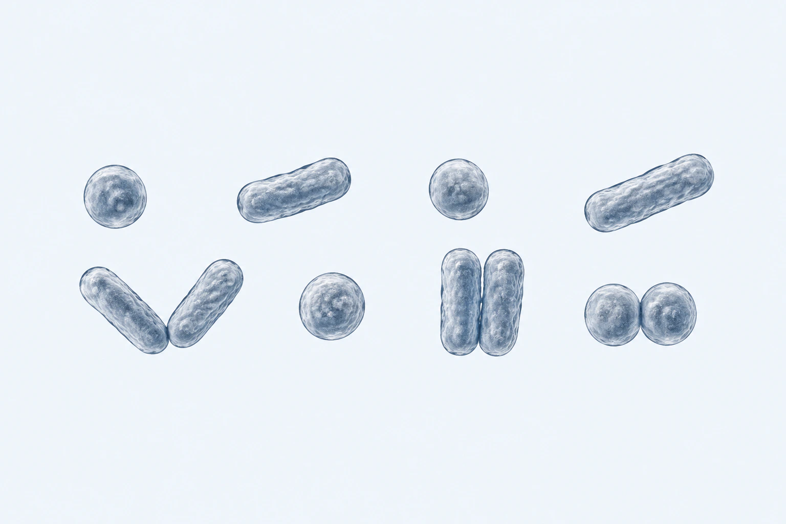 Eleven selected Rothia bodies appear in eight groups: six irregular short rods and five compact ovoid-to-coccoid bodies.