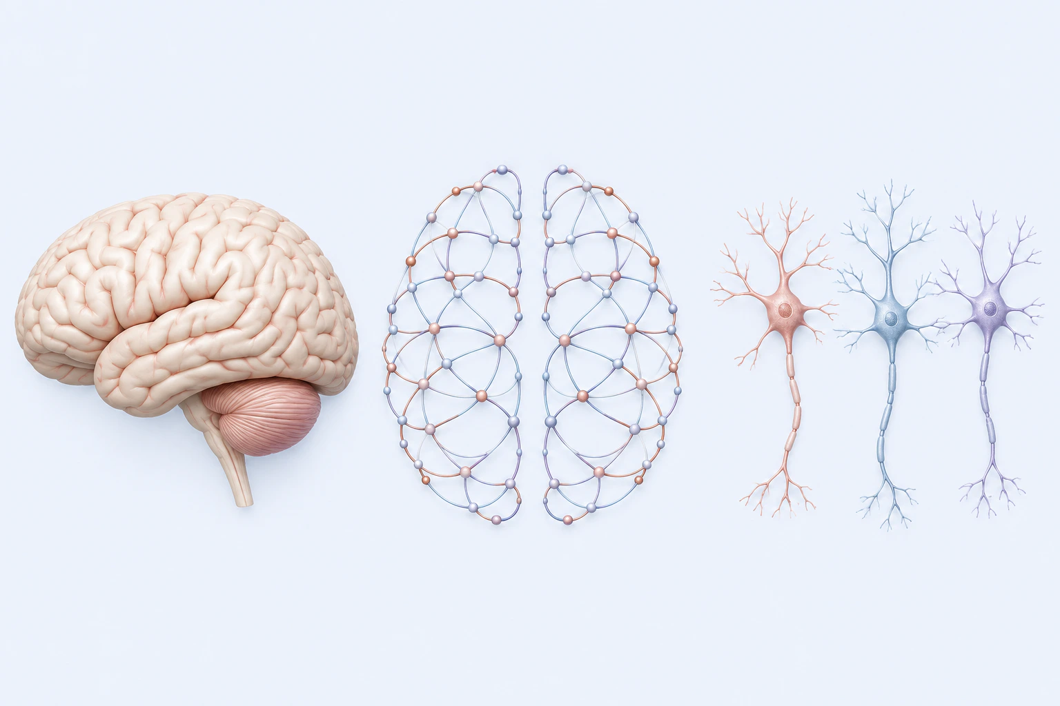 An intact brain, abstract neural-network orientation, and three generic neuron models appear as separate groups.