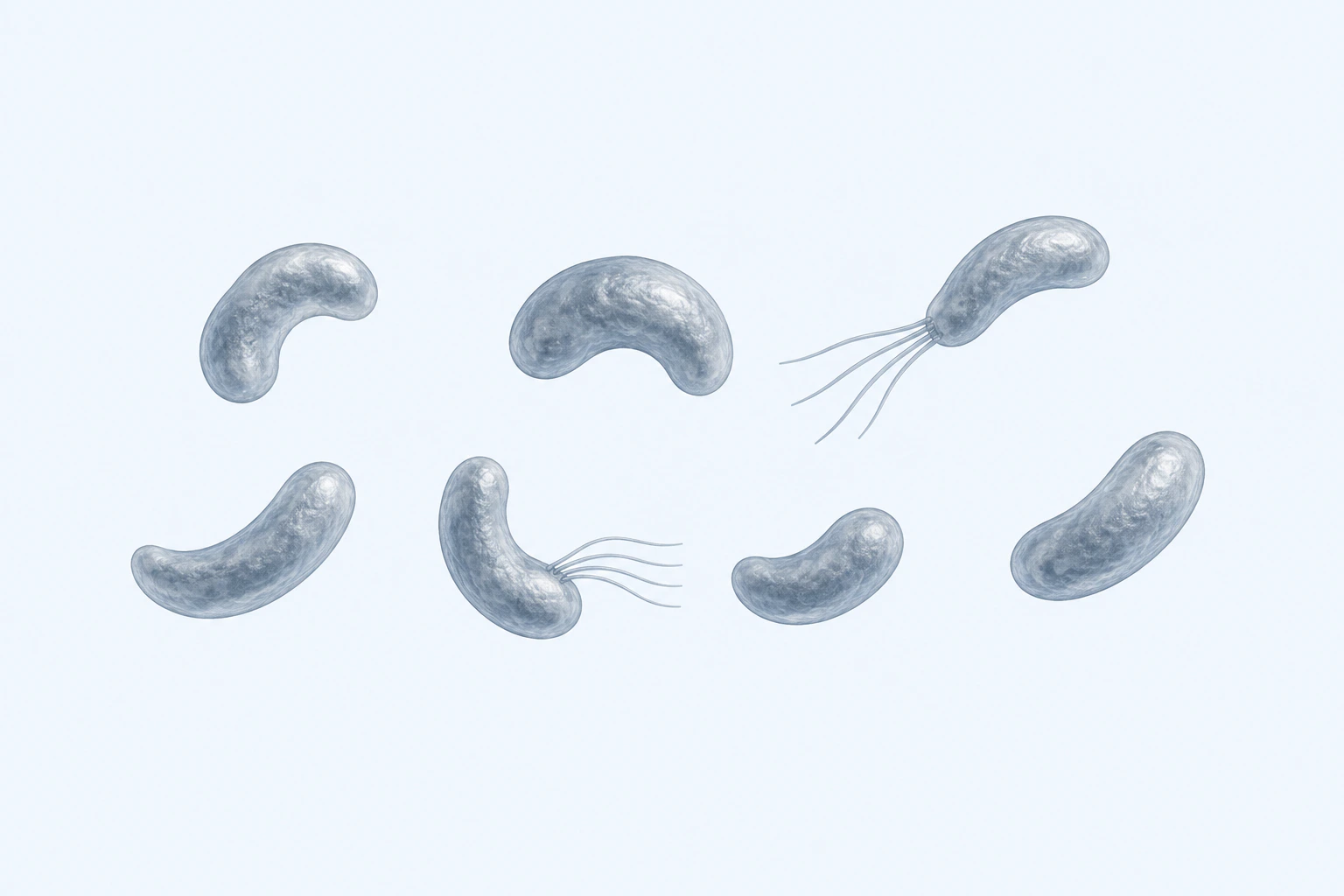 Seven selected crescent-shaped Selenomonas bodies appear separately, including two with concave-surface filament bundles.