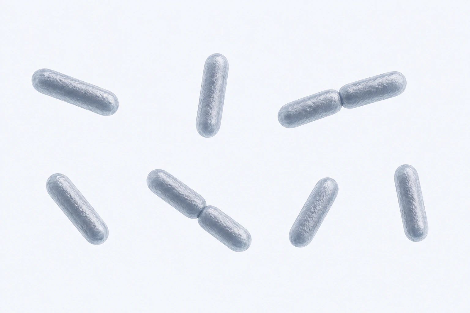 Nine selected Serratia marcescens rods appear in seven groups: five singles and two touching pairs.