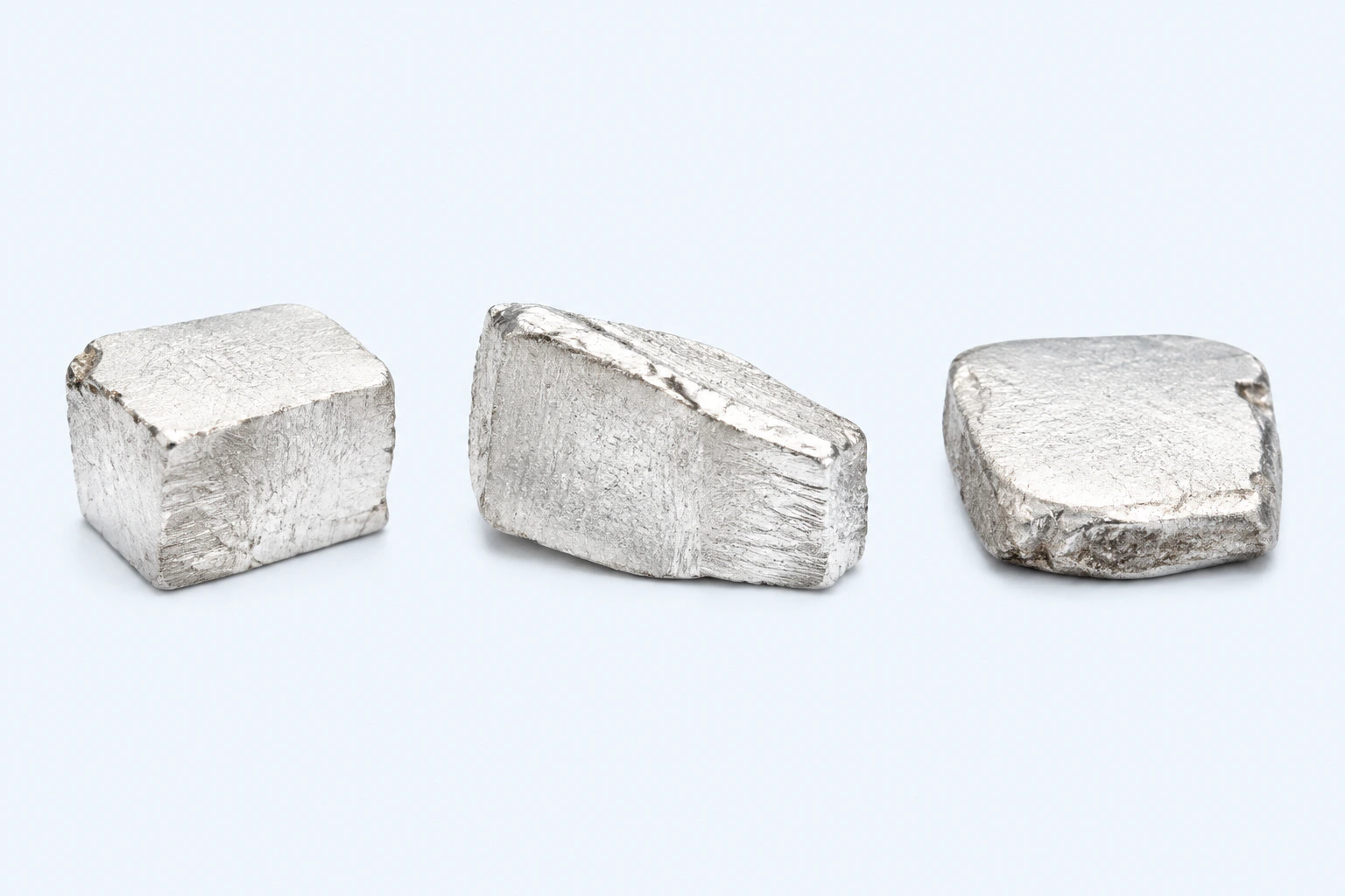 Three elemental silver specimens with bright silver-white cut and worked surfaces.