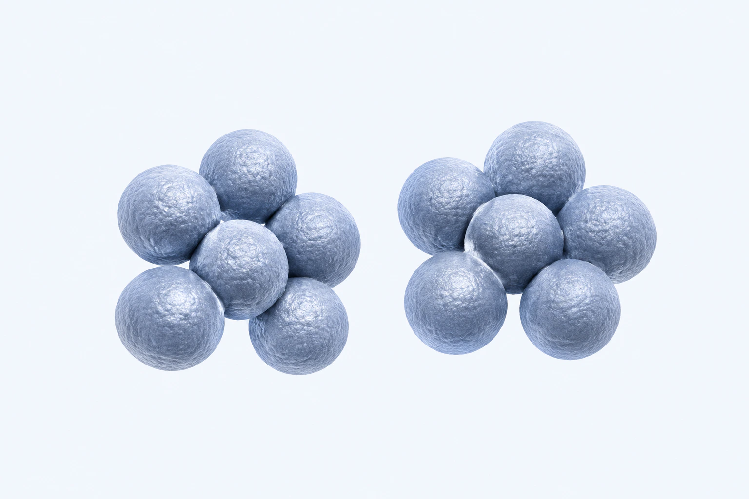 Twelve selected Staphylococcus aureus cocci appear in two irregular clusters of six.