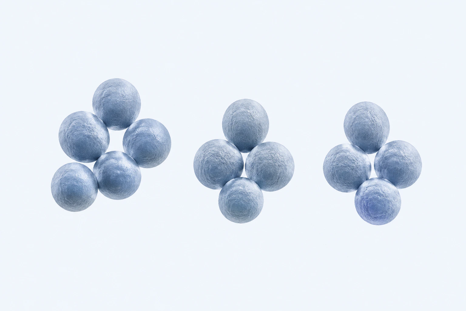 Thirteen selected Staphylococcus epidermidis cocci appear in three irregular clusters of five, four, and four.