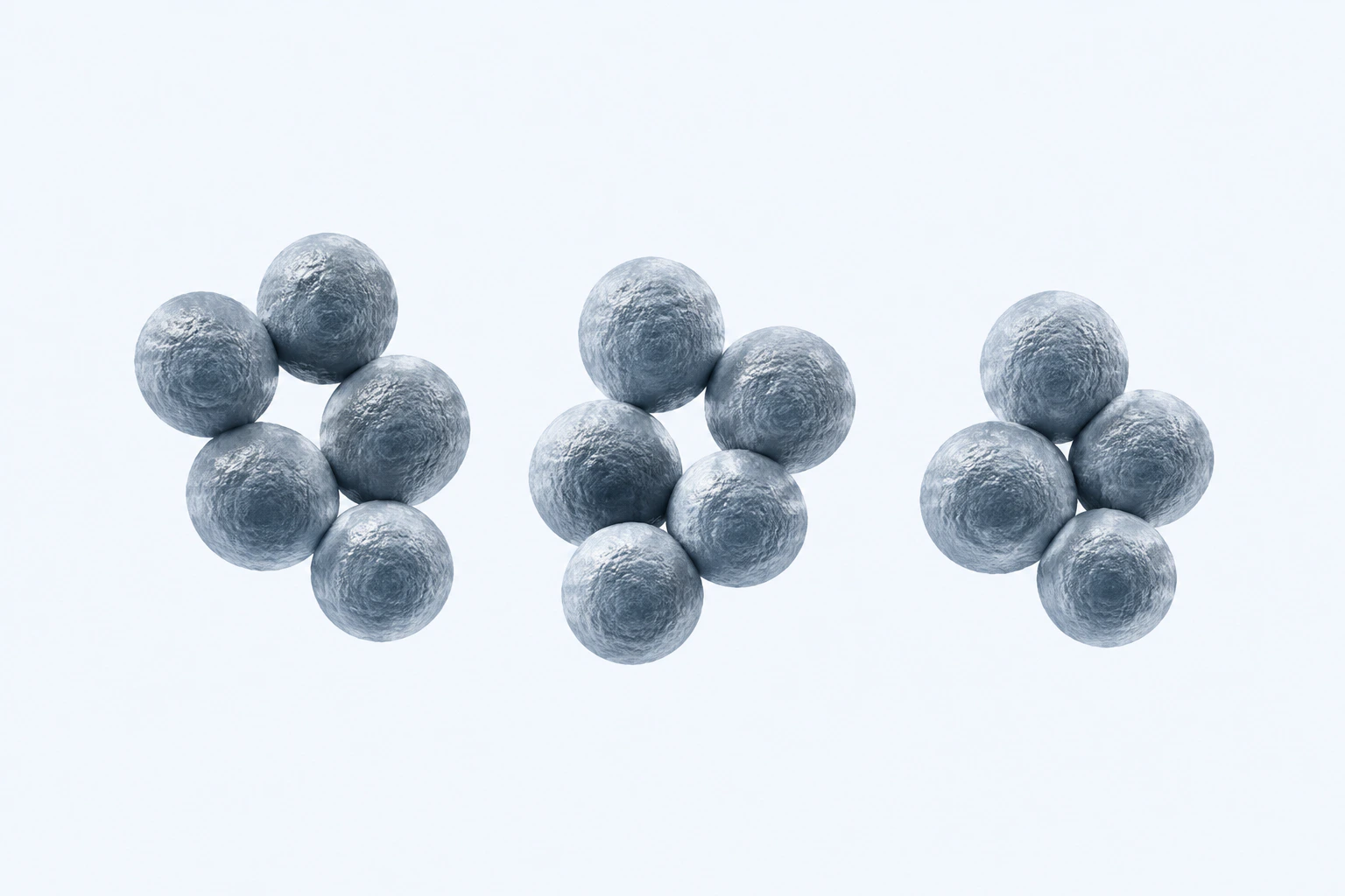 Fifteen selected Staphylococcus cocci appear in three irregular clusters of five.