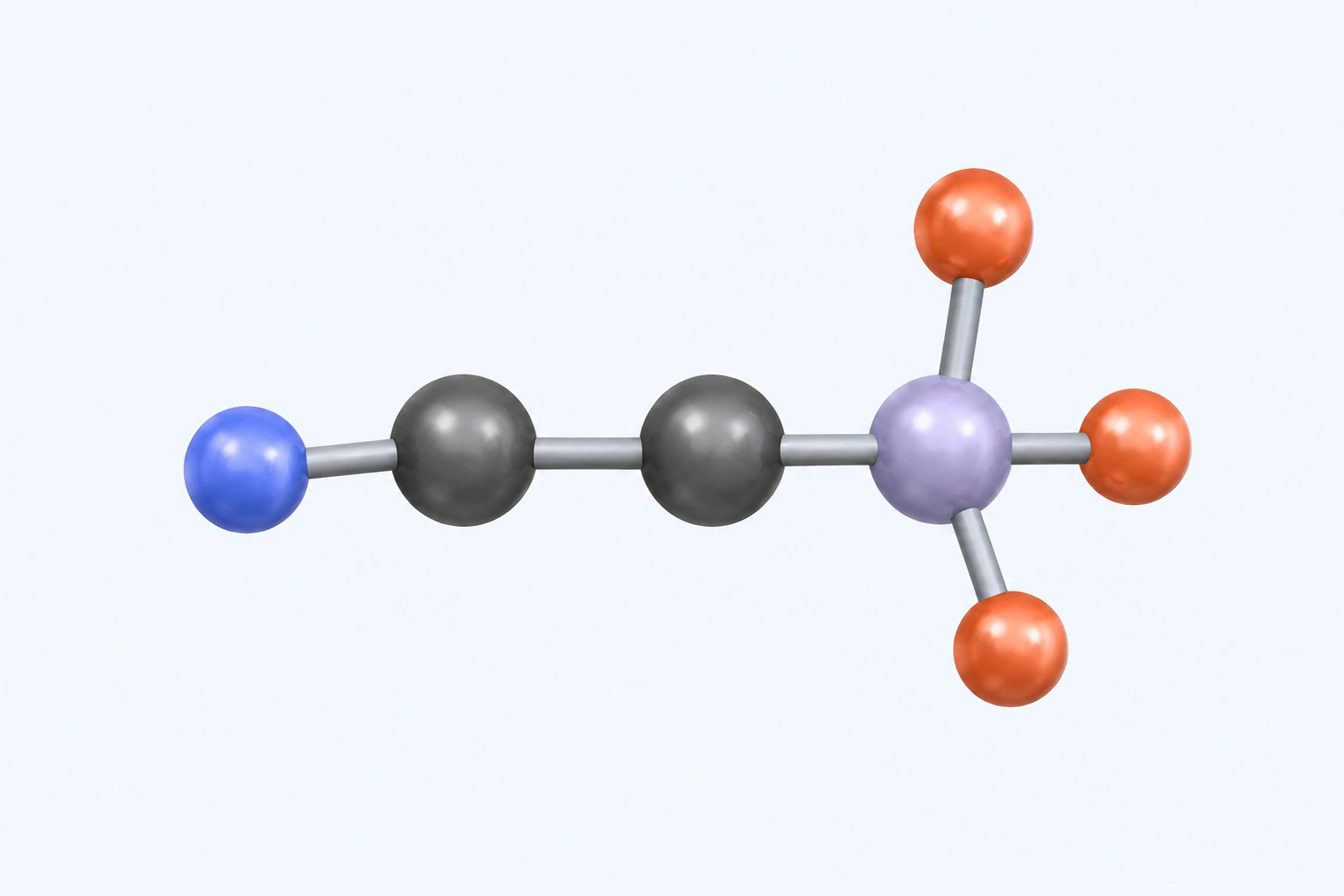 A label-free heavy-atom teaching model of taurine with a nitrogen center, two connected carbon centers, and a sulfur center joined to three oxygen centers.