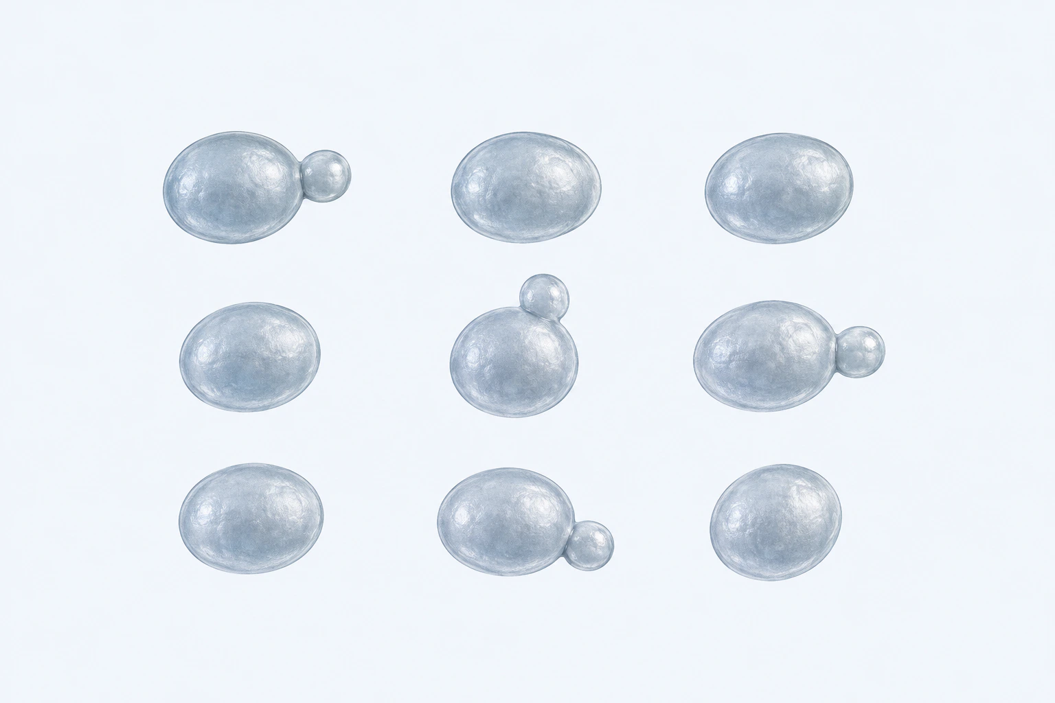 Nine selected Torulaspora yeast mother cells appear, four with one attached bud.