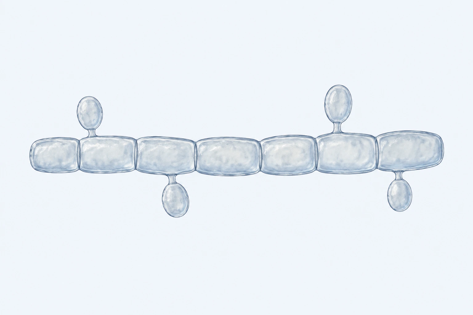 Trichosporon asahii hyphal segment with seven barrel-like compartments and four lateral blastoconidia.