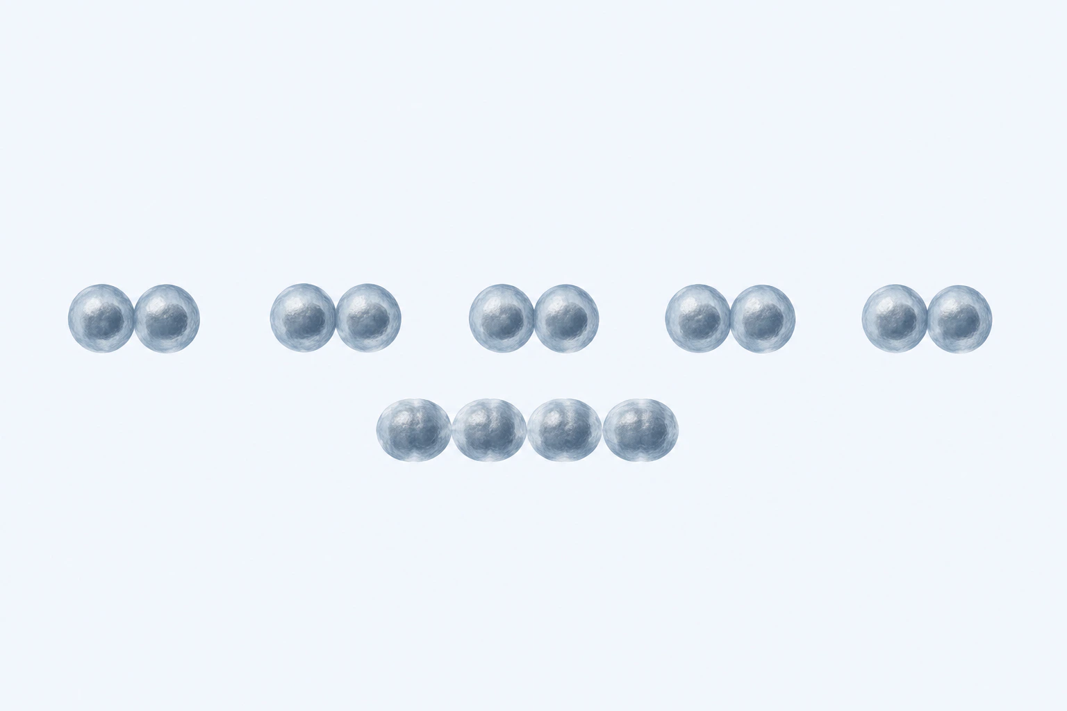 Fourteen selected Veillonellaceae cocci arranged as five opposed pairs and one short chain of four.